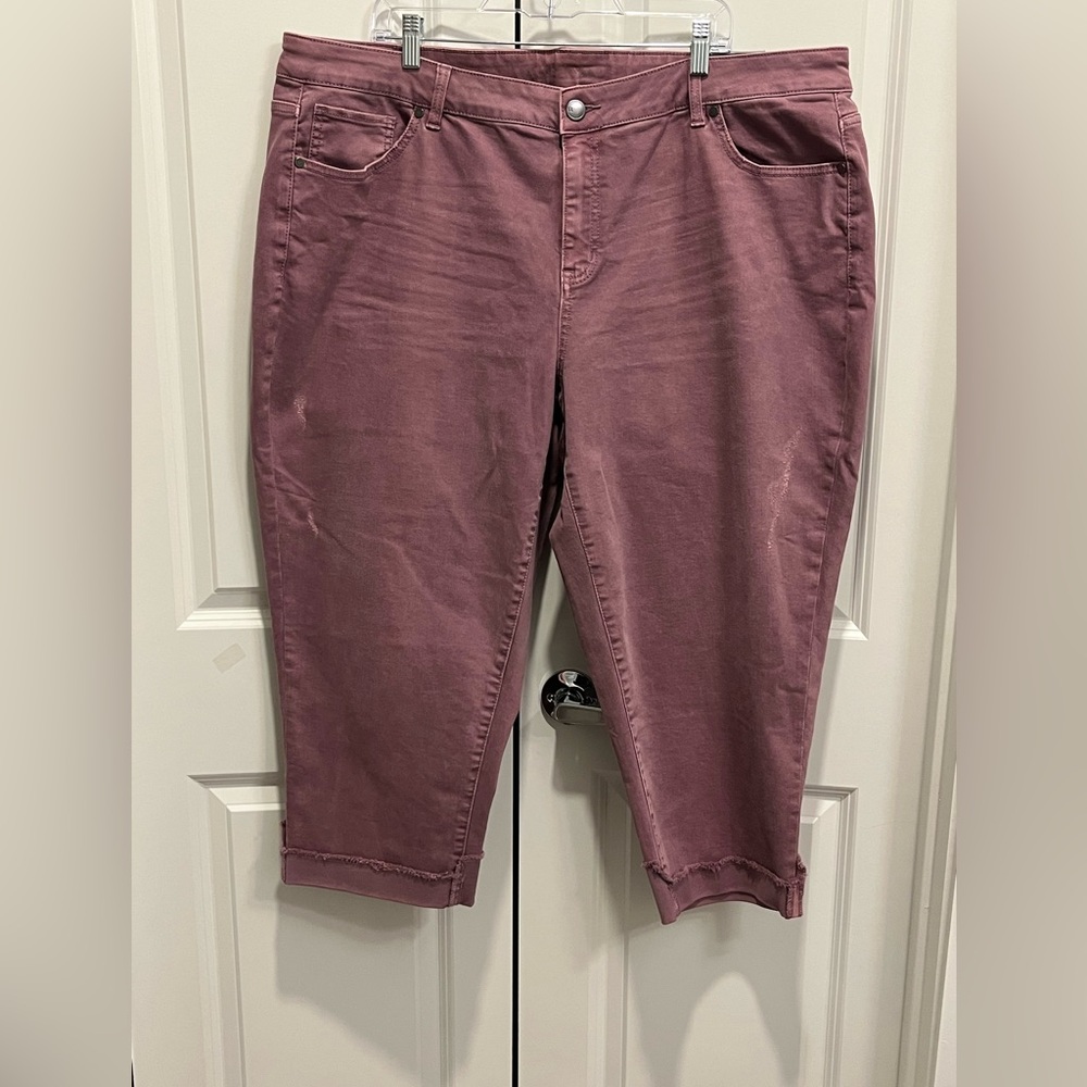 NWT Lane Bryant Denim Capri Shorts Plus Size 24 Distressed Light Burgundy Mauve